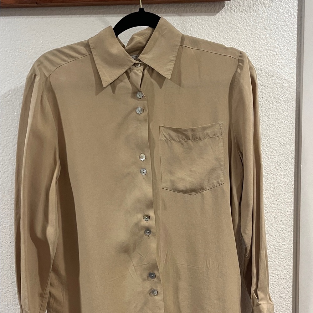 100% Silk Beige Button-Up Blouse
